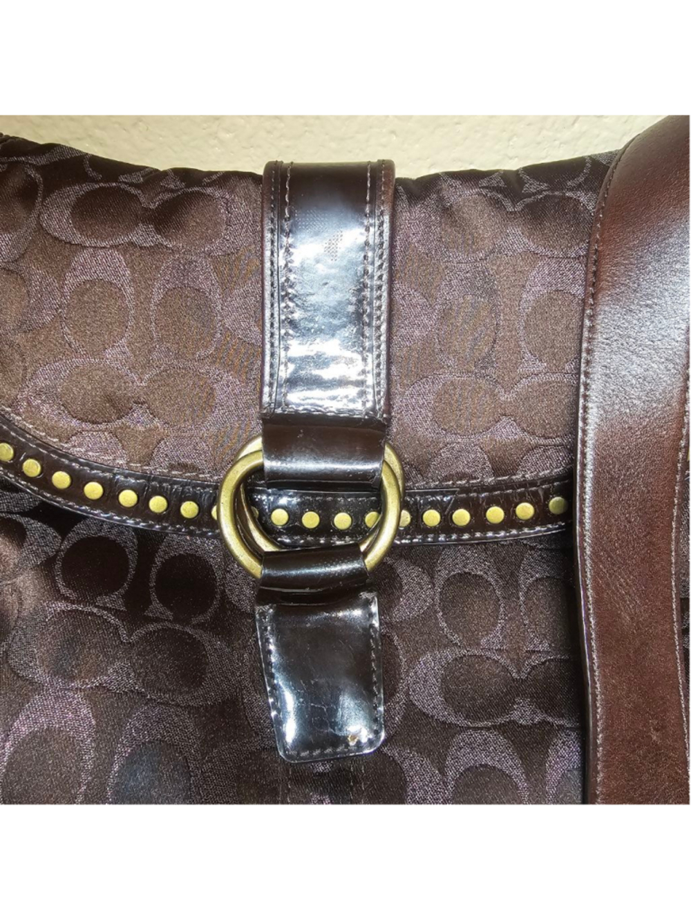 Coach Brown Signature Jacquard Studded Flap Shoulder Bag - Picture 7 of 10